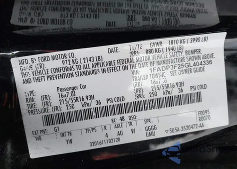 2016 Ford Focus Se z USA, uszkodzony, nr VIN 1FADP3F25GL404336